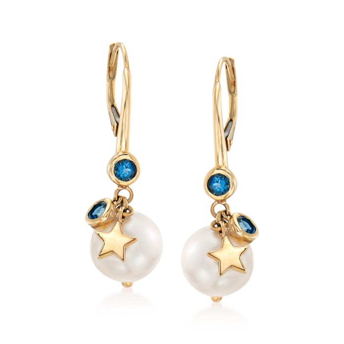9-10mm Cultured Pearl and .50 ct. t.w. London Blue Topaz Drop Earrings in 14kt Yellow Gold