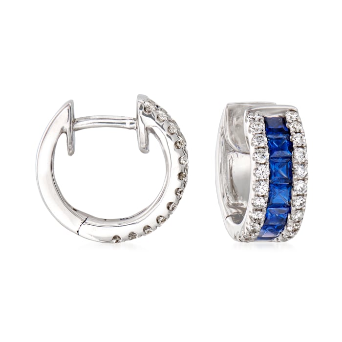 .70 ct. t.w. Sapphire and .33 ct. t.w. Diamond Huggie Hoop Earrings in 18kt White Gold