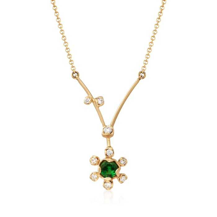.20 Carat Tsavorite and .11 ct. t.w. Diamond Floral V-Necklace in 18kt Yellow Gold
