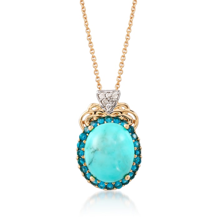 Turquoise and .70 ct. t.w. Apatite Pendant Necklace with Diamond Accents in 14kt Yellow Gold