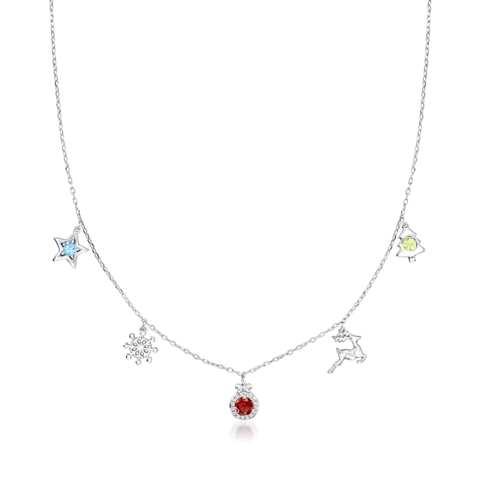 .50 ct. t.w. Multi-Gemstone Holiday Charm Necklace with Diamond Accents in Sterling Silver