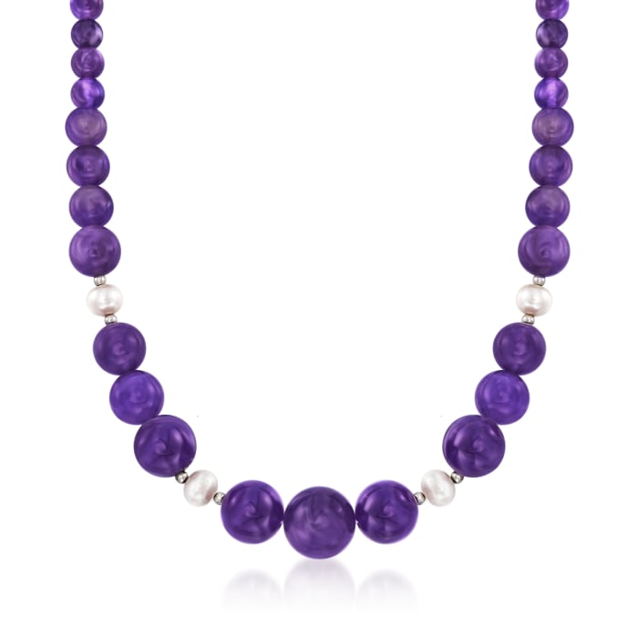 4-16mm Amethyst Bead and 8-9mm Cultured Pearl Necklace with Sterling Silver