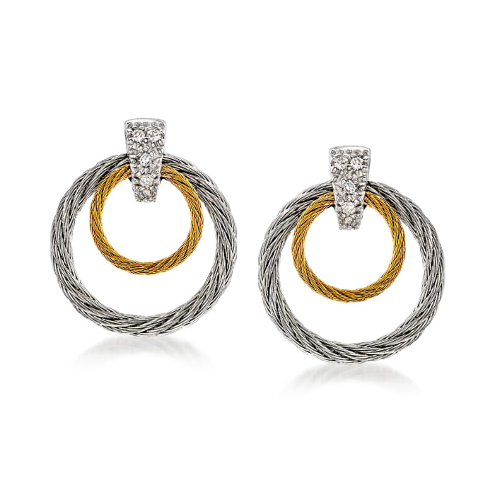 ALOR &quot;Classique&quot; Two-Tone Double Hoop Stainless Steel Cable Earrings with Diamond Accents and 18kt White Gold