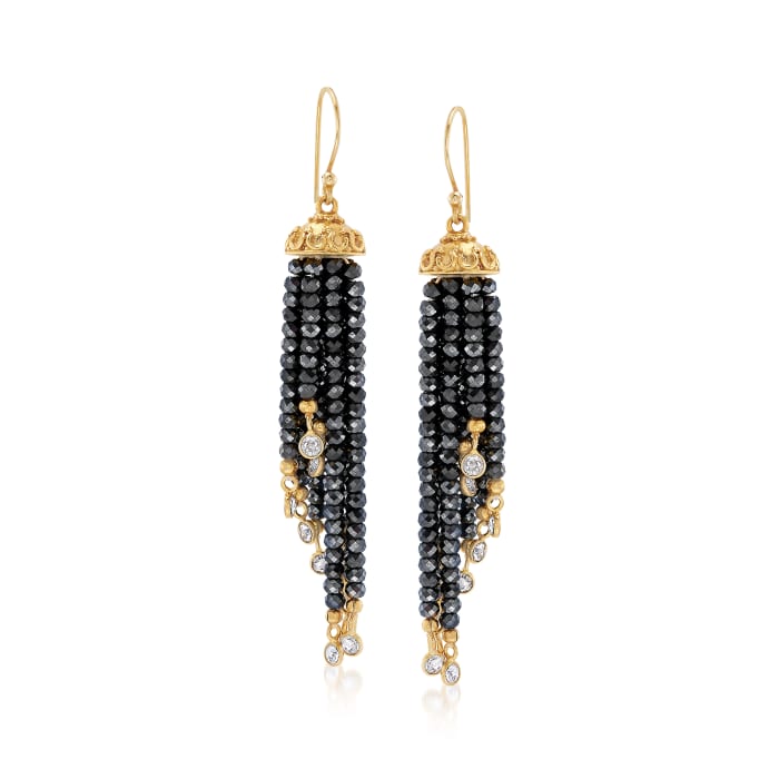 55.00 ct. t.w. Black Spinel and 2.60 ct. t.w. White Topaz Drop Earrings in 18kt Gold Over Sterling