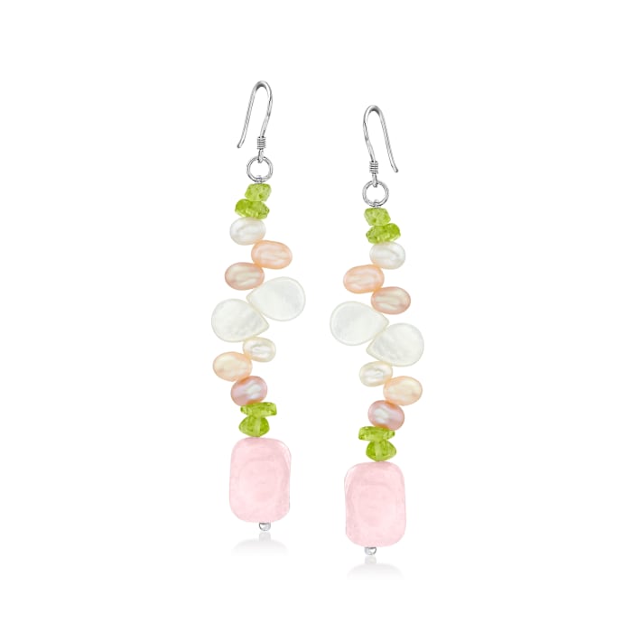 Mother-of-Pearl and 40.00 ct. t.w. Rose Quartz Drop Earrings with 5.50 ct. t.w. Peridot and 4-5mm Multicolored Cultured Pearls in Sterling Silver