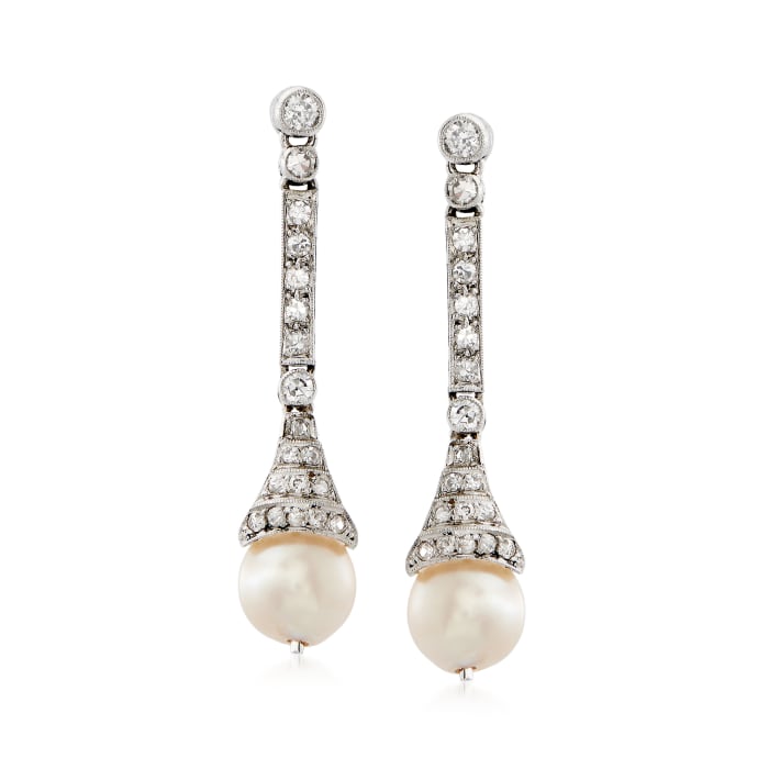 C. 1950 Vintage 7mm Cultured Pearl and .50 ct. t.w. Diamond Drop Earrings in 14kt White Gold