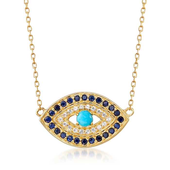 Turquoise and .20 ct. t.w. Sapphire Evil Eye Necklace With White Topaz Accents in 18kt Gold Over Sterling