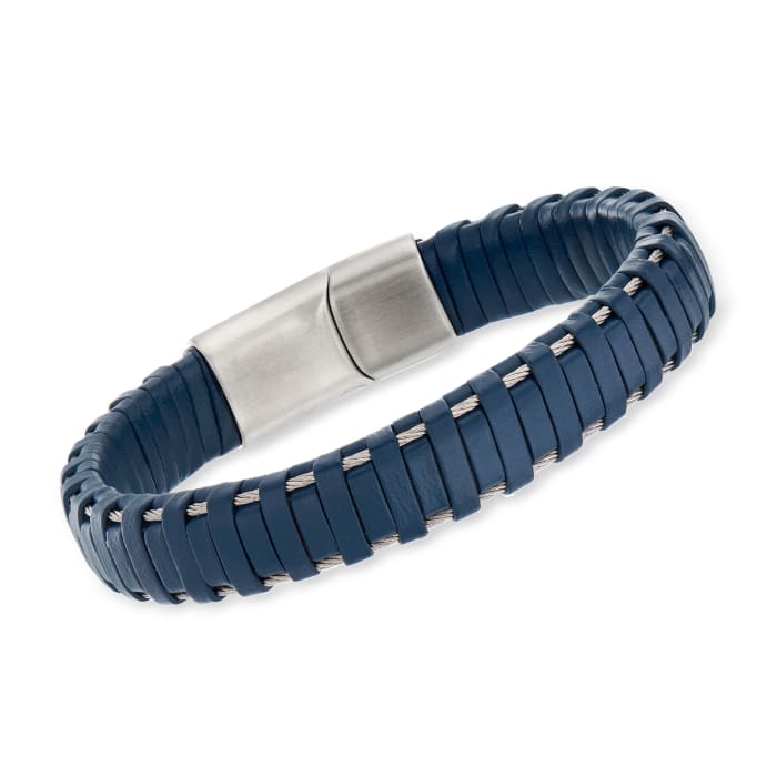 ALOR Men's Blue Leather and Stainless Steel Bracelet with Magnetic Clasp