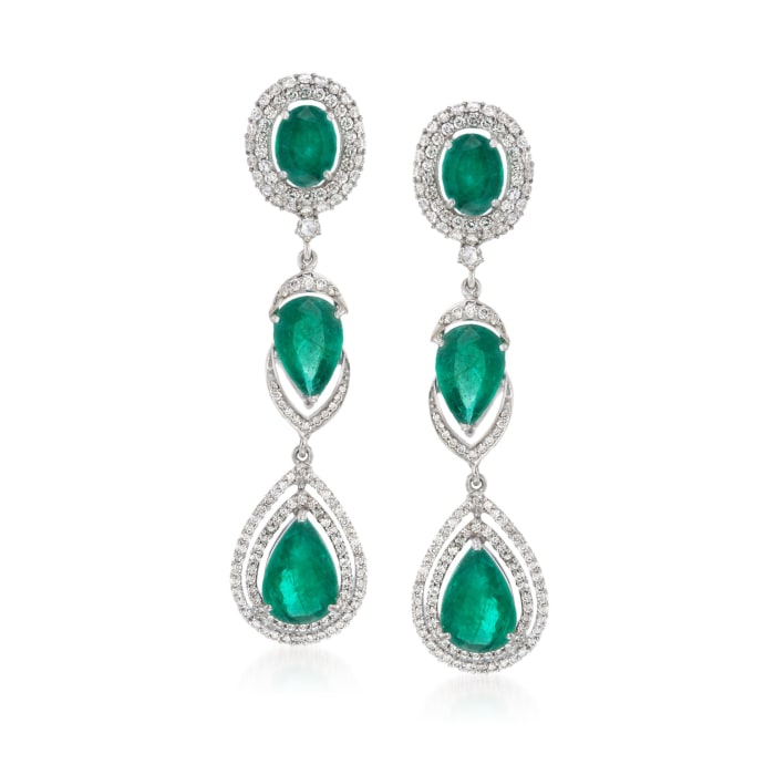 12.60 ct. t.w. Emerald and 2.59 ct. t.w. Diamond Drop Earrings in 18kt White Gold