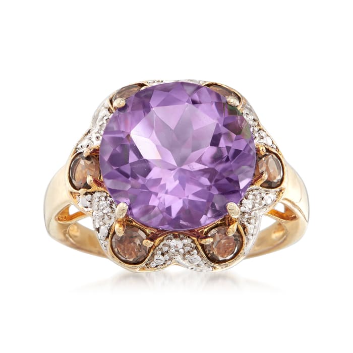 4.90 Carat Amethyst and .60 ct. t.w. Smoky Quartz Ring with White Topaz in 18kt Gold Over Sterling