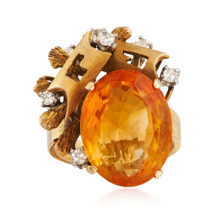 C. 1960 Vintage 9.30 Carat Citrine and .25 ct. t.w. Diamond Geometric-Style Ring in 14kt Yellow Gold