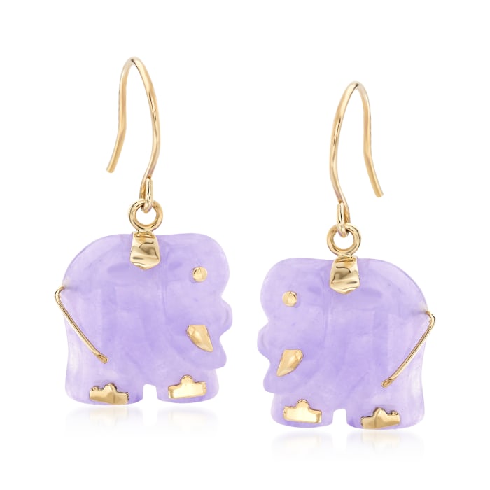 Purple Jade Elephant Earrings in 14kt Yellow Gold