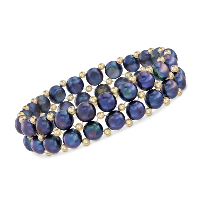 7.5-8mm Black Cultured Button Pearl Stretch Bracelet with 14kt Yellow Gold Beads