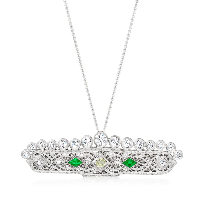 C. 1950 Vintage 1.35 ct. t.w. White and Yellow Diamond Filigree Pendant Necklace with Synthetic Emerald Accents in 14kt White Gold
