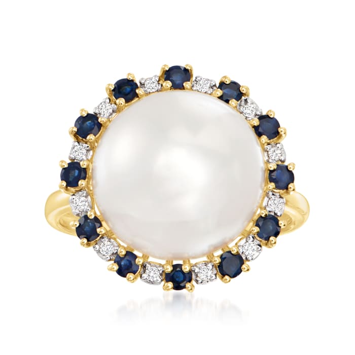 12.5-13mm Cultured Button Pearl and .60 ct. t.w. Sapphire Ring with Diamond Accents in 14kt Yellow Gold