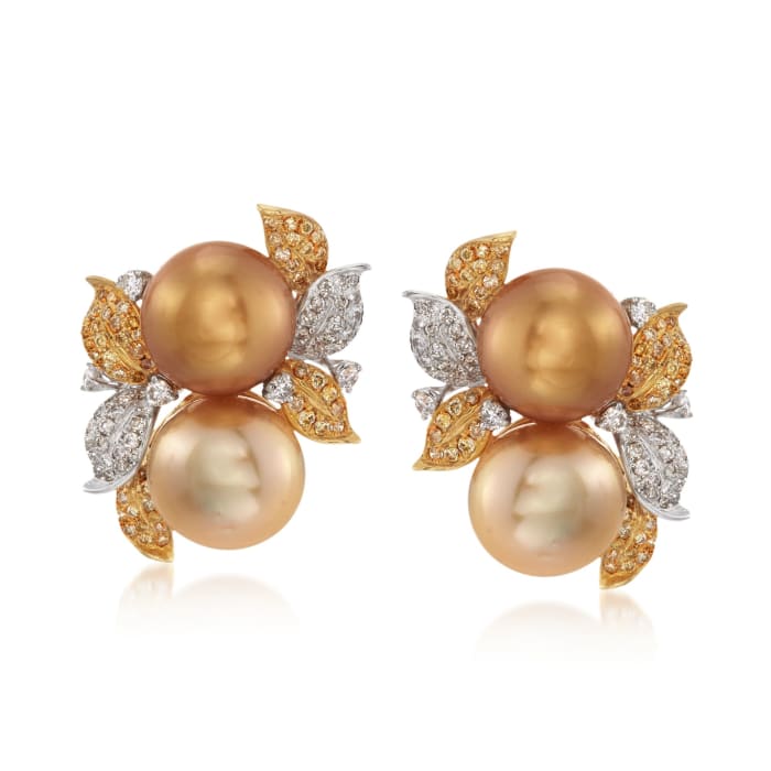 12.5mm Golden and Champagne Cultured South Sea Pearl Earrings With Yellow and White Diamonds in 18kt Two-Tone Gold