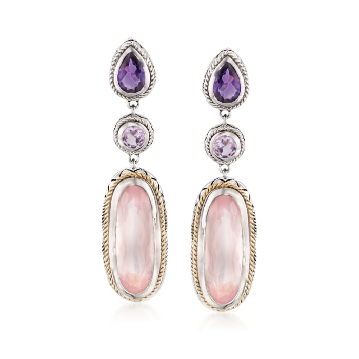 Andrea Candela &quot;Dulce-Baya&quot; Rose Quartz and 1.50 ct. t.w. Amethyst Earrings in Sterling Silver and 18kt Yellow Gold