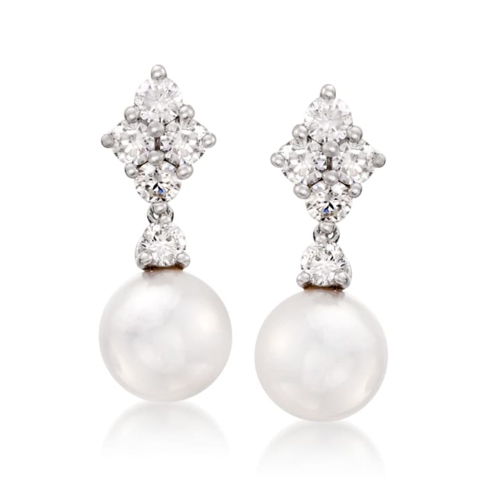 Mikimoto &quot;Classic&quot; 7.5mm Akoya Pearl and .70 ct. t.w. Diamond Drop Earrings in 18kt White Gold