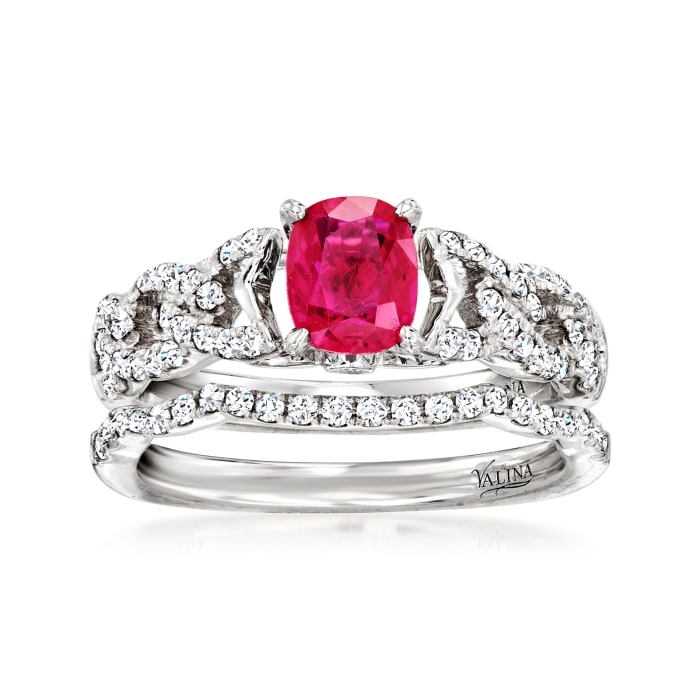 C. 2000 Vintage .80 Carat Ruby and .63 ct. t.w. Diamond Jewelry Set: Two Rings in 14kt White Gold
