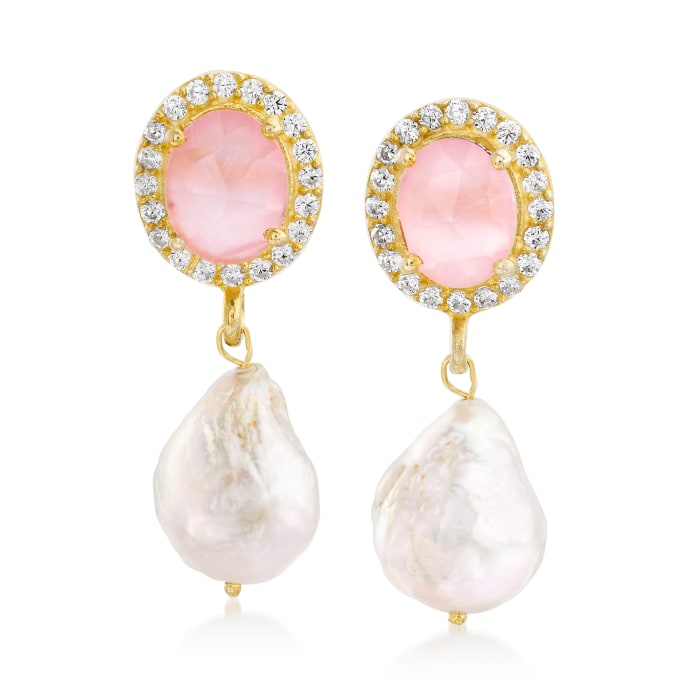 13-13.5mm Cultured Baroque Pearl and 1.00 ct. t.w. Rose Quartz Drop Earrings in 14kt Gold Over Sterling