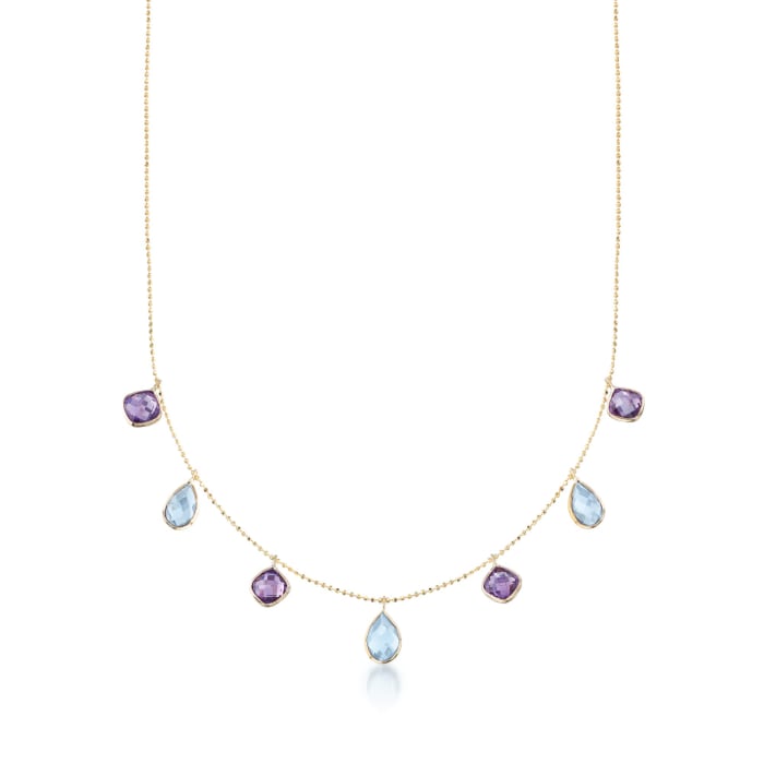 5.00 ct. t.w. Blue Topaz and 3.60 ct. t.w. Amethyst Station Necklace in 14kt Yellow Gold