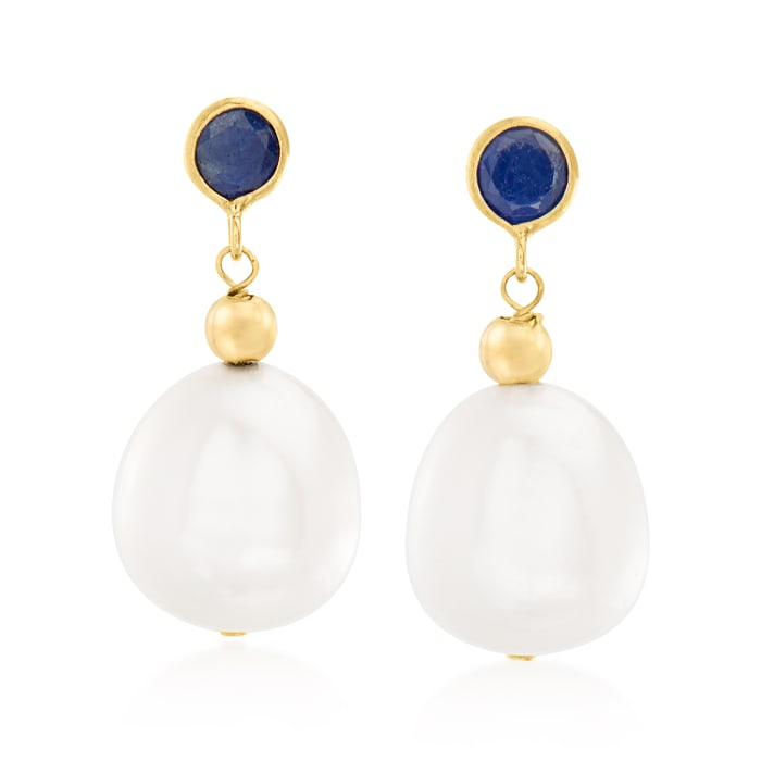9.5-10.5mm Cultured Pearl and .60 ct. t.w. Sapphire Drop Earrings in 14kt Yellow Gold