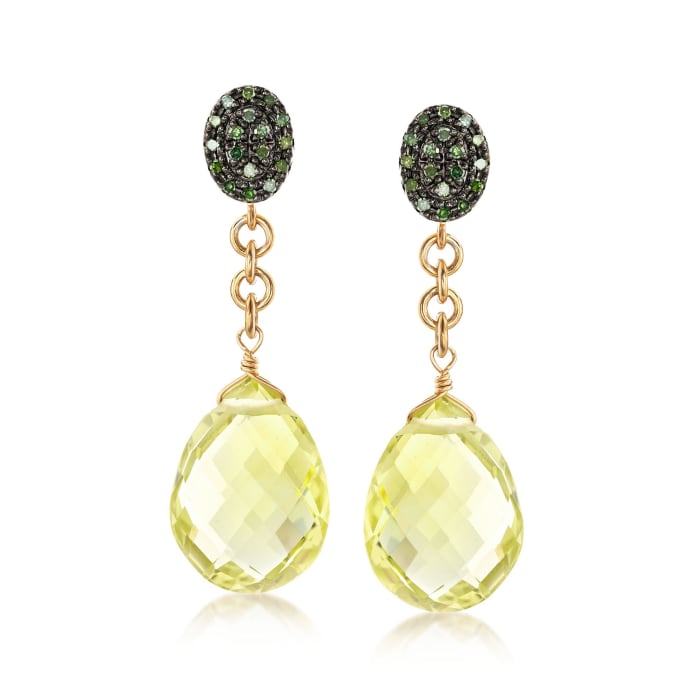 13.00 ct. t.w. Lemon Quartz and .20 ct. t.w. Green Diamond Drop Earrings in 18kt Gold Over Sterling
