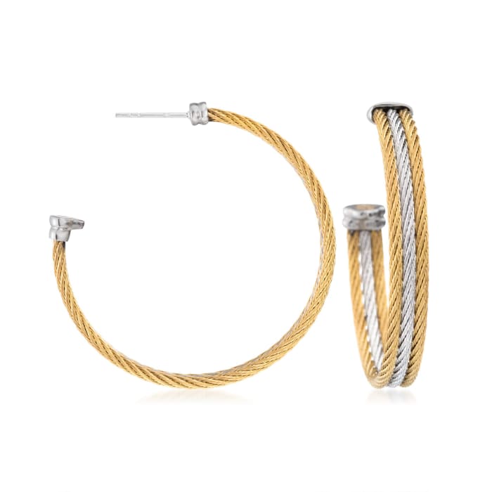ALOR &quot;Classique&quot; Two-Tone Stainless Steel Multi-Cable Hoop Earrings with 18kt White Gold