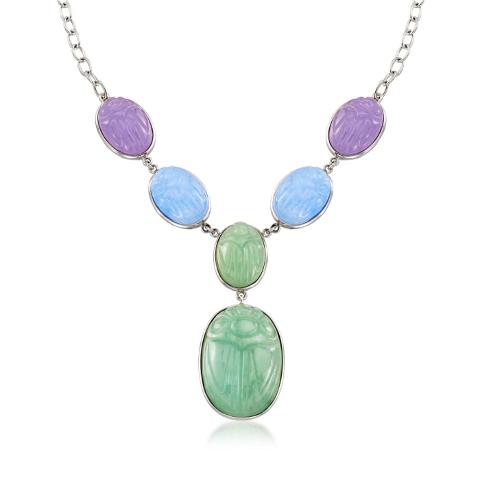 Multicolored Jade Scarab Necklace in Sterling Silver