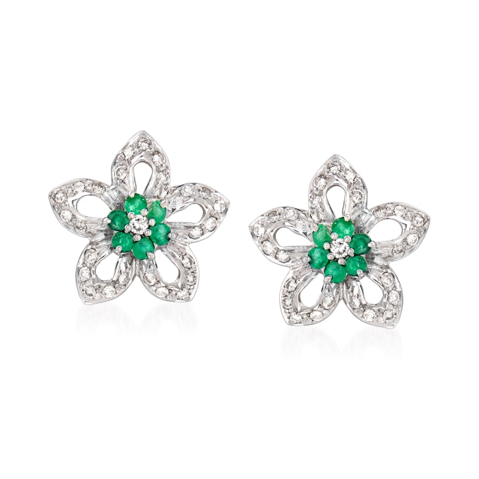 C. 1990 Vintage .55 ct. t.w. Diamond and .50 ct. t.w. Emerald Floral Earrings in 18kt White Gold