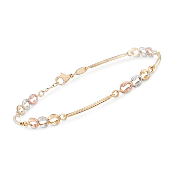 14kt Tri-Colored Gold Curved Bar Bracelet with Circle Links