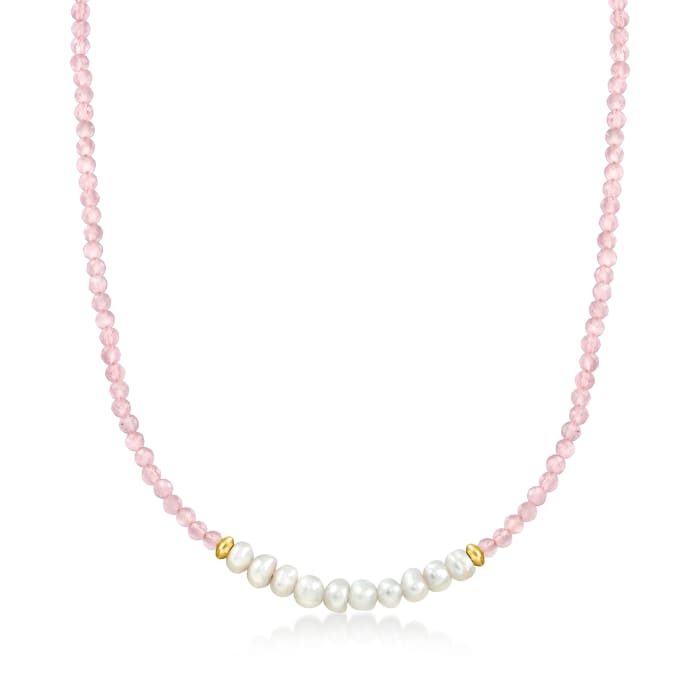 4-5mm Cultured Pearl and 20.00 ct. t.w. Rose Quartz Bead Necklace with 18kt Gold Over Sterling