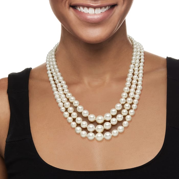 6-12mm Shell Pearl Graduated Three-Strand Necklace with Sterling Silver 18-inch