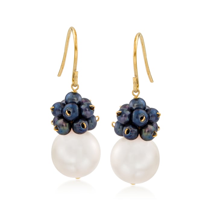3-10.5mm Black and White Cultured Pearl Cluster Drop Earrings in 14kt Yellow Gold