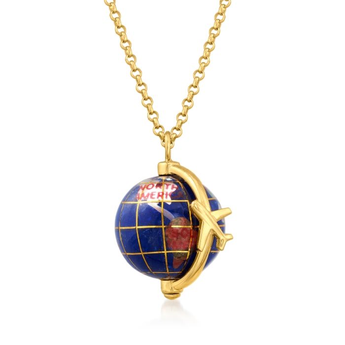 Italian Multi-Gemstone World Travel Globe Pendant Necklace in 18kt Gold Over Sterling
