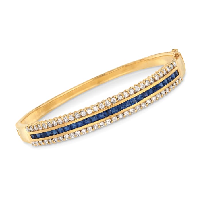 C. 1980 Vintage 2.00 ct. t.w. Sapphire and 1.80 ct. t.w. Diamond Bangle Bracelet in 18kt Yellow Gold