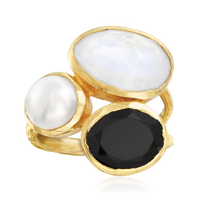 8mm Cultured Pearl, Black Onyx and Moonstone Ring in 18kt Gold Over Sterling
