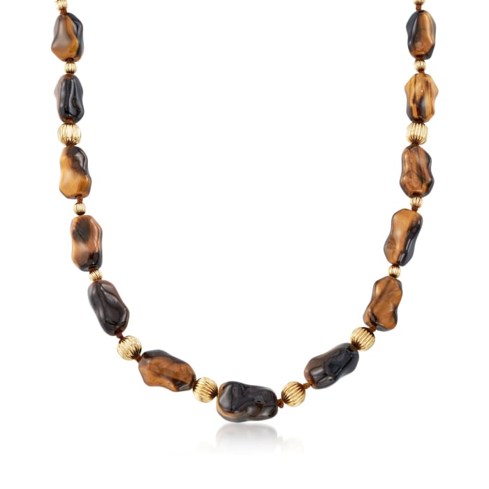 C. 1970 Vintage Free-Form Tiger's Eye Bead Necklace with 14kt Yellow Gold
