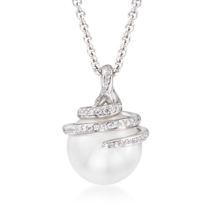 Mikimoto 11m A+ South Sea Pearl Swirl Pendant Necklace with .37 ct. t.w. Diamonds in 18kt White Gold