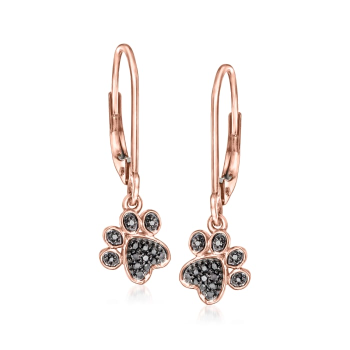 Black Diamond-Accented Paw Print Drop Earrings in 14kt Rose Gold