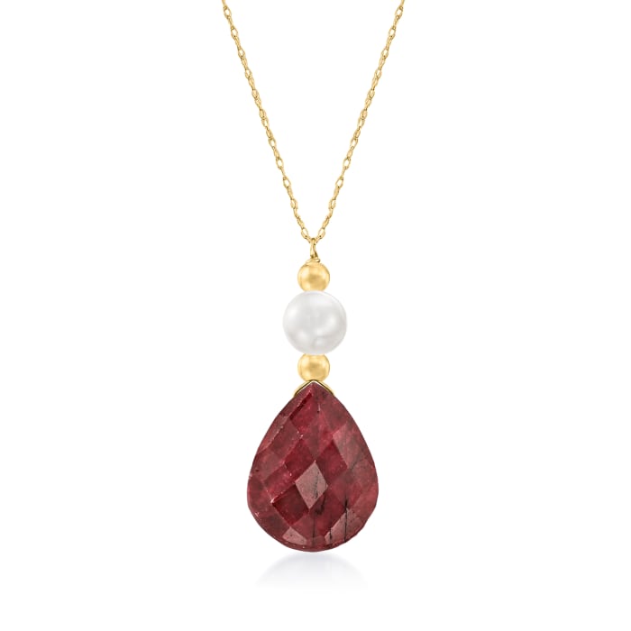6-7mm Cultured Pearl and 10.00 Carat Ruby Necklace in 14kt Yellow Gold