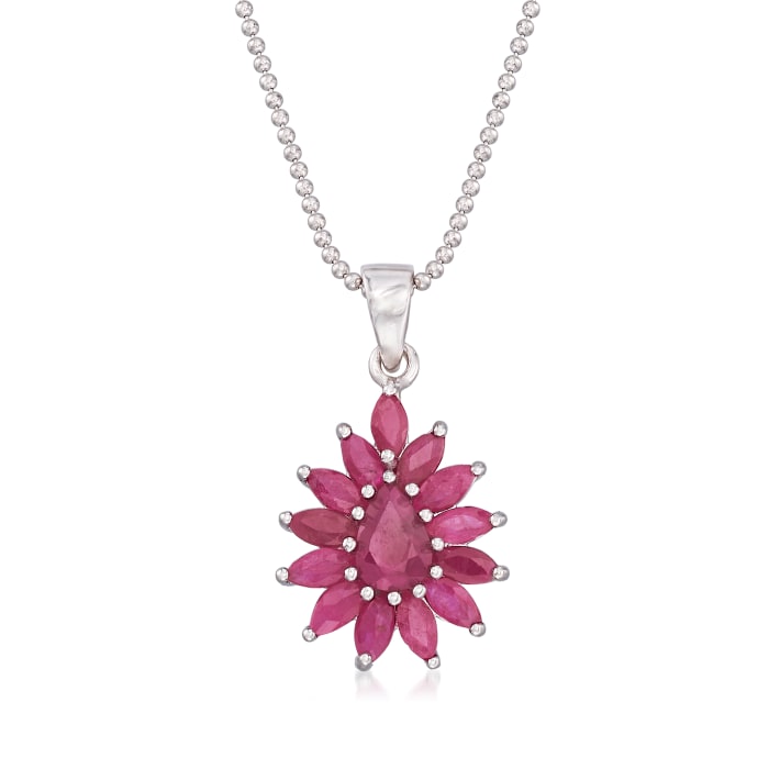2.60 ct. t.w. Ruby Cluster Pendant Necklace in Sterling Silver. 18 ...