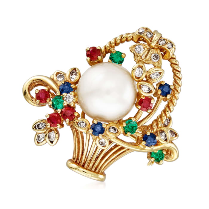 C. 1980 Vintage 10mm Cultured Pearl, .87 ct. t.w. Multi-Gemstone and .35 ct. t.w. Diamond Basket Pin/Pendant in 18kt Yellow Gold