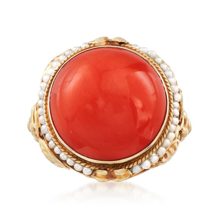 C. 1950 Vintage Round Coral and Cultured Seed Pearl Ring in 14kt Yellow Gold