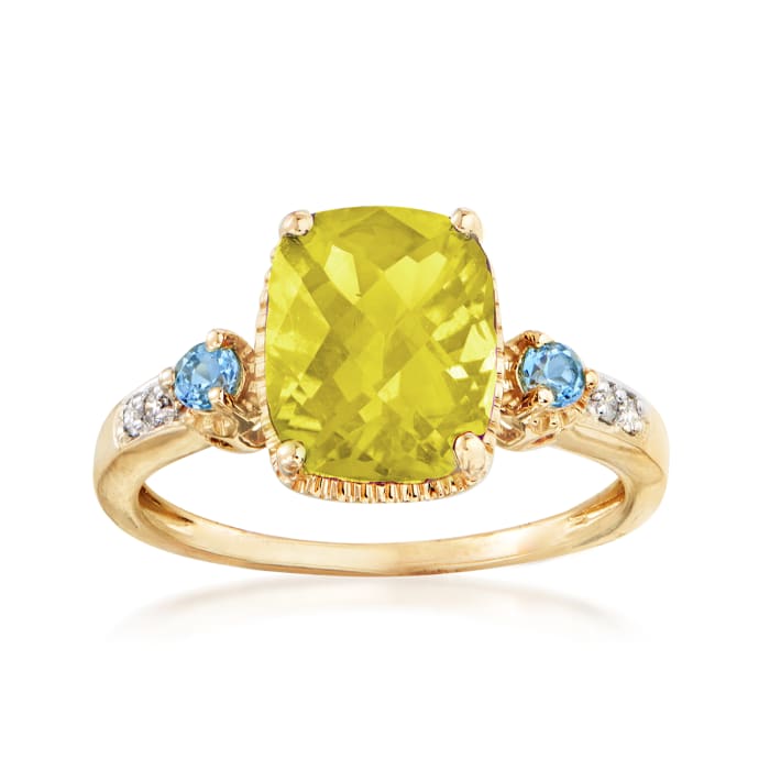 2.80 Carat Lemon Quartz Ring with .10 ct. t.w. Swiss Blue Topaz and Diamond Accents in 14kt Yellow Gold