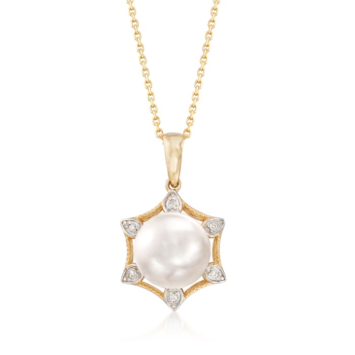 10-10.5mm Cultured Pearl Pendant Necklace with Diamond Accents in 14kt Yellow Gold