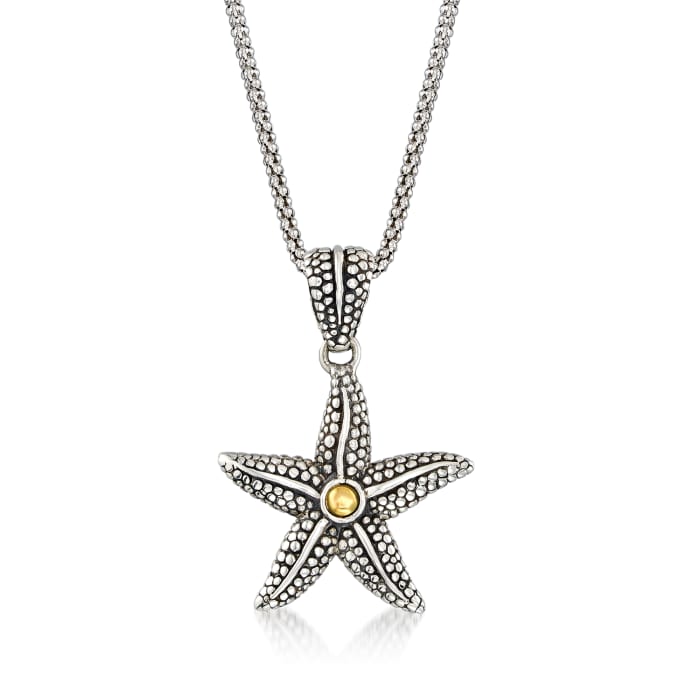 Sterling Silver Bali-Style Starfish Pendant Necklace with 14kt Yellow Gold