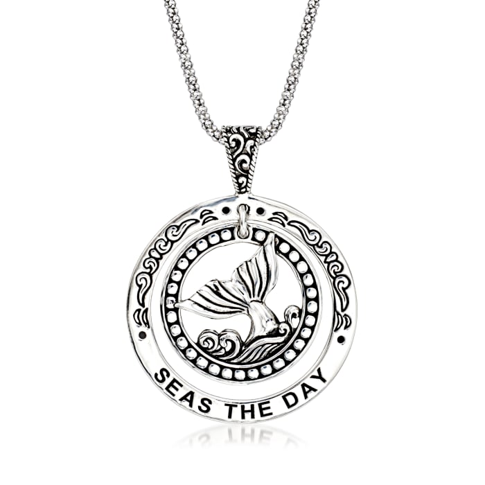 Sterling Silver Bali-Style Seas the Day Whale Medallion Pendant Necklace 18-inch