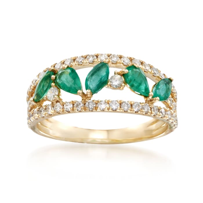 .80 ct. t.w. Emerald and .58 ct. t.w. Diamond Ring in 14kt Yellow Gold ...