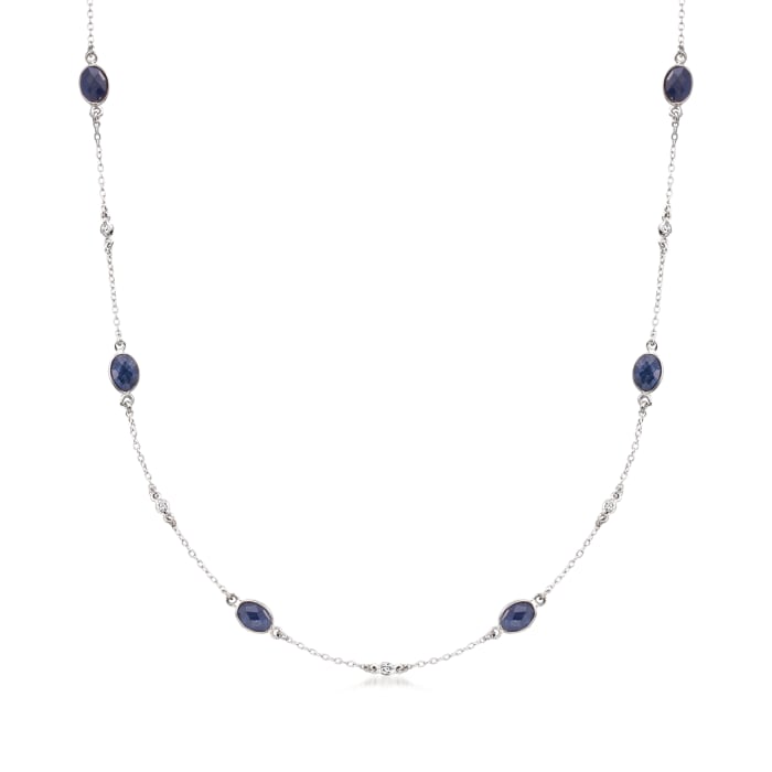 7.20 ct. t.w. Sapphire and .25 ct. t.w. Diamond Station Necklace in Sterling Silver